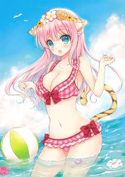 Rule 34 | 1girl, :d, absurdres, animal ears, ball, beachball, bikini, blue eyes, breasts, cat ears, cat tail, cleavage, cloud, cloudy sky, collarbone, day, floating hair, flower, frilled bikini, frills, head wreath, highres, kuroe (sugarberry), large breasts, long hair, looking at viewer, navel, ocean, open mouth, orange flower, outdoors, pink bikini, pink flower, pink hair, scan, sideboob, sky, smile, solo, stomach, swimsuit, tail, tiger ears, tiger tail, toranoana, wading, white flower