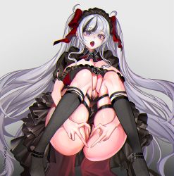Rule 34 | 1girl, ass, azur lane, black dress, black hair, bluemayo, breasts, cleavage, cross, detached collar, dress, elbe (azur lane), elbe (time to show off?) (azur lane), fat mons, frilled dress, frilled skirt, frills, hair ribbon, high heels, highres, huge breasts, iron cross, kneehighs, long hair, looking at viewer, maid headdress, multicolored hair, official alternate costume, open mouth, purple eyes, pussy, pussy peek, ribbon, saliva, shrug (clothing), sidelocks, simple background, skirt, socks, solo, squatting, streaked hair, thigh strap, thighs, twitter username