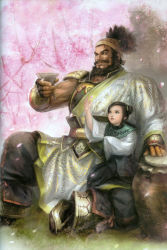 Rule 34 | absurdres, aged down, alcohol, armor, beard, cherry blossoms, facial hair, father and daughter, highres, petals, scan, shin sangoku musou, size difference, xing cai, zhang fei (romance of the three kingdoms)