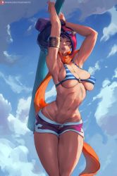 Rule 34 | 1girl, abs, armpits, artist name, navel, blue eyes, blue sky, breasts, cloud, cloudy sky, cutesexyrobutts, fiora (league of legends), highres, large breasts, league of legends, patreon logo, pinup girl, pool party fiora, scarf, sky, solo, sunglasses on head