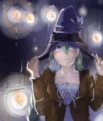 Rule 34 | 00s, 1girl, alice carroll, aria (manga), blue eyes, candle, casual, chalos, floating, floating object, green hair, hair between eyes, hands on headwear, hat, highres, holding, holding clothes, holding hat, looking up, solo, witch hat