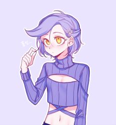 Rule 34 | 1girl, breasts, cleavage cutout, clothing cutout, freckles, genderswap, genderswap (mtf), hair ornament, hairclip, jojo no kimyou na bouken, midriff, playing with own hair, purple hair, ribbed sweater, sempon (doppio note), small breasts, solo, sweater, turtleneck, vento aureo, vinegar doppio, x hair ornament, yellow eyes