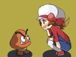 Rule 34 | 00s, 1girl, bow, brown eyes, brown hair, creatures (company), game freak, goomba, hand on own chin, hand on own knee, hat, hat bow, kisama (0213), lyra (pokemon), mario (series), nintendo, open mouth, pokemon, pokemon hgss