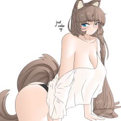 Rule 34 | 1girl, absurdres, animal ear fluff, animal ears, ass, black panties, blue eyes, blush, breasts, brown hair, cat ears, cat girl, cleavage, fluffy, green eyes, highres, large breasts, looking at viewer, loose clothes, multicolored eyes, no mouth, original, panties, see-through, see-through shirt, shirt, sleepy, takie, takie arts, thighs, underwear, white background, white shirt