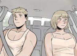 Rule 34 | 1boy, 1girl, blank stare, blush, breasts, brother and sister, car interior, cleavage, dgae 715, dungeon meshi, falin touden, falin touden (tallman), highres, laios touden, looking ahead, medium breasts, parody request, pectoral cleavage, pectorals, siblings, sitting, tank top, thick eyebrows, toned, toned male, upper body, white tank top