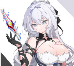 Rule 34 | 1girl, absurdres, bare shoulders, black gloves, blue nails, breasts, bronya zaychik, bronya zaychik (silverwing: n-ex), cleavage, cleavage cutout, closed mouth, clothing cutout, dress, drill hair, gloves, grey eyes, grey hair, highres, honkai (series), honkai impact 3rd, large breasts, long hair, looking at viewer, nail polish, power man (xy1950314788), simple background, single glove, smile, solo, twin drills, white background, white dress