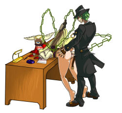 Rule 34 | 1boy, 1girl, anal, arc system works, ass, ass grab, barefoot, bdsm, bent over, blazblue, blazblue: continuum shift, blue eyes, blush, bondage, bottomless, bound, clothed sex, deep skin, desk, doggystyle, gloves, green hair, hair tubes, hat, hazama, hetero, long hair, mario grant, ouroboros, rape, red hair, sex, sex from behind, tiptoes, tsubaki yayoi, uncensored, wince, winged hat