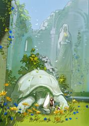 Rule 34 | 1boy, 1girl, blue flower, closed eyes, commentary request, elden ring, fire, flower, grass, highres, la bo chu shi, miriel pastor of vows, outdoors, roderika (elden ring), sitting, statue, torch, turtle, white headwear, white hood, yellow flower