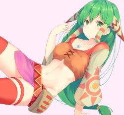 Rule 34 | 1girl, breasts, closed mouth, collarbone, crop top, feena (grandia), grandia, grandia i, green eyes, green hair, groin, hand up, highres, jewelry, kurai masaru, long hair, long sleeves, looking at viewer, medium breasts, midriff, navel, necklace, orange shirt, red thighhighs, revealing clothes, shirt, sidelocks, solo, stomach, thigh strap, thighhighs, very long hair, zettai ryouiki