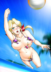 Rule 34 | 1girl, ball, beach volleyball, bikini, blonde hair, blue eyes, bow, breasts, cleft of venus, dead or alive, dead or alive xtreme, hair bow, helena douglas, kitamura (bamboo), large breasts, long hair, micro bikini, playing sports, pubic hair, pussy, swimsuit, tecmo, unaligned breasts, uncensored, venus bikini, volleyball, volleyball (object), wardrobe malfunction