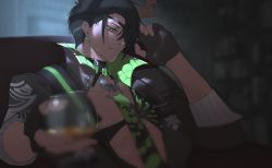 Rule 34 | 1boy, absurdres, aragami oga, black gloves, black hair, black jacket, cup, dark skin, dark-skinned male, detached collar, drinking glass, earrings, expressionless, eyepatch, gloves, green eyes, green neckwear, hair behind ear, highres, holding, holding cup, holostars, jacket, jewelry, looking at viewer, male focus, mechjunk, one eye covered, partially fingerless gloves, topless male, solo, virtual youtuber, wine glass