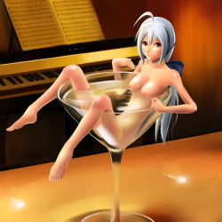Rule 34 | 1girl, barefoot, blush, bow, breasts, cocktail, drink, feet, female focus, glass, hair bow, headphones, instrument, long hair, lying, mini person, minigirl, nipples, nude, partially submerged, piano, ponytail, red eyes, sheet music, shuuji (shumi), silver hair, solo, toes, vocaloid, yowane haku