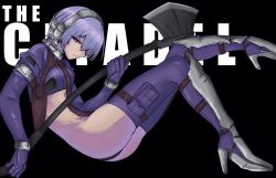 Rule 34 | 1girl, android, ass, axe, black background, breasts, english text, gloves, hair over one eye, headphones, high heels, highres, martyr (the citadel), purple eyes, purple gloves, purple hair, revealing clothes, rob 110101101, short hair, small breasts, solo, the citadel, weapon