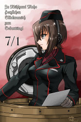 Rule 34 | 10s, 1girl, artist name, black hat, black jacket, brown eyes, brown hair, character name, closed mouth, commentary, dated, dress shirt, emblem, from side, frown, garrison cap, german text, girls und panzer, gloves, grey gloves, happy birthday, hat, headphones, highres, holding, jacket, kuromorimine military uniform, long sleeves, looking to the side, matsui yasutsugu, military, military hat, military uniform, nishizumi maho, red background, red shirt, shirt, short hair, signature, solo, tank cupola, translated, uniform, upper body