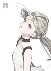 Rule 34 | 1girl, choker, d.k, dress, fio (nier), flat chest, floating hair, grey eyes, grey hair, light smile, long hair, looking at viewer, nier (series), nier reincarnation, parted lips, simple background, solo, twintails, upper body, white background, white dress