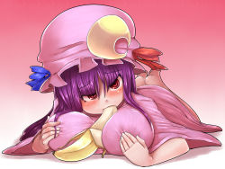 Rule 34 | 1girl, arm support, banana, barefoot, blue ribbon, blunt bangs, blush, commentary request, crescent, dot nose, dress, feet up, fellatio, food, frilled hat, frills, fruit, full body, grabbing, grabbing another&#039;s breast, grabbing own breast, gradient background, hair between eyes, hair over breasts, hair over shoulder, half-closed eyes, hat, hat ornament, hat ribbon, holding, holding hair, impossible clothes, impossible dress, lying, mob cap, on stomach, oral, pajamas, parted bangs, patchouli knowledge, pink background, pink dress, pink hat, pink pajamas, pink theme, punipuni, purple hair, raised eyebrows, red eyes, red ribbon, ribbon, ringed eyes, simulated fellatio, simulated paizuri, soles, solo, the pose, toes, touhou