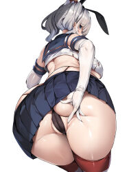 Rule 34 | 1girl, absurdres, ass, back, black panties, blue eyes, blue sailor collar, blue skirt, breasts, cleft of venus, commentary request, cosplay, elbow gloves, gloves, grey hair, highleg, highleg panties, highres, kantai collection, kashima (kancolle), large breasts, looking at viewer, looking back, medium hair, panties, partially visible vulva, pleated skirt, sailor collar, shimakaze (kancolle), shimakaze (kancolle) (cosplay), shirt, simple background, skirt, solo, standing, striped clothes, striped thighhighs, thighhighs, thighs, torisan, twintails, underwear, white background, white gloves, white shirt