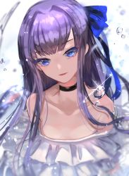 Rule 34 | 1girl, absurdres, black choker, blue bow, blue eyes, blurry, blurry background, bow, choker, collarbone, depth of field, fate/grand order, fate (series), frilled one-piece swimsuit, frilled swimsuit, frills, hair bow, hair intakes, highres, long hair, meltryllis, meltryllis (fate), meltryllis (swimsuit lancer) (fate), meltryllis (swimsuit lancer) (second ascension) (fate), off-shoulder one-piece swimsuit, off shoulder, one-piece swimsuit, pekerika, purple hair, solo, swimsuit, water drop