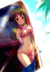 Rule 34 | 10s, 1girl, :d, bikini, bikini pull, blush, breasts, brown hair, cleavage, clothes lift, clothes pull, day, female focus, green eyes, hair ornament, hair scrunchie, harada miyo, idolmaster, idolmaster cinderella girls, kara (color), large breasts, looking at viewer, open mouth, outdoors, palm tree, pants, pants pull, ponytail, pulled by self, scrunchie, shirt, shirt lift, smile, solo, striped bikini, striped clothes, swimsuit, t-shirt, tree, undressing