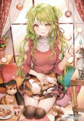 Rule 34 | 1girl, :d, absurdres, animal, animal on lap, black thighhighs, blush, breasts, brown eyes, brown shirt, cat, checkerboard cookie, clock, clothing cutout, cookie, cup, curtains, flower, food, frilled pillow, frills, green hair, heart, highres, holding, indoors, long hair, long sleeves, medium breasts, momoko (momopoco), mug, no shoes, on lap, open mouth, original, pillow, plaid, plaid skirt, plant, potted plant, red flower, scan, shirt, shoulder cutout, sitting, skirt, smile, solo, thighhighs, two side up, very long hair, window, yokozuwari