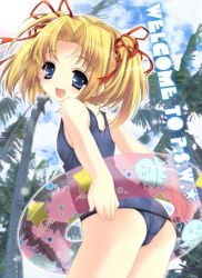 Rule 34 | 1girl, arms behind back, ass, blonde hair, blue eyes, child, cloud, day, flat chest, hair ribbon, innertube, kamishiro midorimaru, looking back, lowres, one-piece swimsuit, outdoors, palm tree, ribbon, school swimsuit, short hair, short twintails, sky, solo, swim ring, swimsuit, tree, twintails