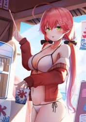 Rule 34 | 1girl, absurdres, ahoge, bare shoulders, bikini, bow, bowtie, breasts, cleavage, cowboy shot, day, food, front-tie bikini top, front-tie top, green eyes, halterneck, hand up, highres, hololive, jacket, large breasts, long hair, long sleeves, looking at viewer, low twintails, navel, nyan (reinyan 007), off shoulder, open clothes, open jacket, outdoors, pink hair, red jacket, sakura miko, shaved ice, side-tie bikini bottom, smile, solo, stomach, string bikini, swimsuit, thighs, tongue, tongue out, twintails, very long hair, virtual youtuber, white bikini