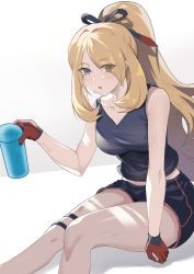 Rule 34 | 1girl, :o, absurdres, alternate costume, black ribbon, black tank top, blonde hair, bottle, breasts, cleavage, creatures (company), cynthia (pokemon), cynthia (sygna suit) (aura) (pokemon), eyes visible through hair, game freak, gloves, grey eyes, gym shorts, hair over one eye, hair ribbon, highres, holding, holding bottle, legs, long hair, looking at viewer, medium breasts, nintendo, parted lips, pokemon, pokemon masters ex, ponytail, red gloves, ribbon, short shorts, shorts, sidelocks, sitting, solo, sweat, tank top, thigh strap, thighs, uha, very long hair, water bottle, white background