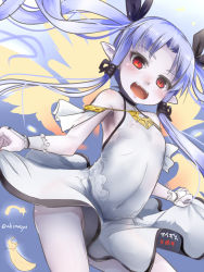 Rule 34 | 1girl, :o, akino shuu, bare shoulders, black bow, blue hair, bow, covered navel, dress, eden (sennen sensou aigis), fangs, feathers, flat chest, hair bow, long hair, looking at viewer, pale skin, parted bangs, pointy ears, red eyes, sennen sensou aigis, solo, standing, twintails, twitter username, white dress