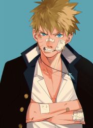 Rule 34 | 1boy, alternate costume, bad id, bad twitter id, bandage on face, bandages, blonde hair, blood, blue background, blue eyes, bruise, delinquent, facial mark, highres, injury, jacket, jacket on shoulders, jewelry, looking at viewer, male focus, mirin (coene65), naruto, naruto (series), necklace, open clothes, open mouth, open shirt, pectoral cleavage, pectorals, solo, uzumaki naruto, whisker markings