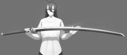 Rule 34 | 1girl, asahi (lvl), closed mouth, collarbone, commentary, demon horns, english commentary, grey background, greyscale, hair between eyes, hands up, highres, holding, holding sword, holding weapon, horns, huge weapon, katana, long hair, lvl (sentrythe2310), monochrome, original, shirt, short sleeves, simple background, smile, solo, sword, t-shirt, weapon