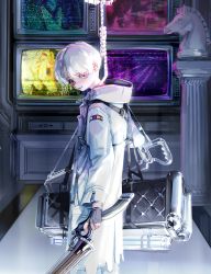 Rule 34 | 1boy, absurdres, coat, cropped, gloves, grey gloves, highres, holding, holding weapon, hood, hood down, looking at viewer, male focus, noose, open mouth, original, pillar, red eyes, rope, solo, taro-k, teeth, television, weapon, white coat, white hair
