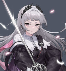 Rule 34 | 1girl, absurdres, animal ears, arknights, bird ears, black shirt, blouse, earrings, feathers, glint, grey background, grey eyes, grey hair, hair ornament, head wings, highres, holding, holding sword, holding weapon, irene (arknights), jewelry, lifyter, long hair, looking at viewer, petals, rapier, scar, scar across eye, shirt, solo, sword, two-tone shirt, upper body, v-shaped eyebrows, weapon, white shirt, wings