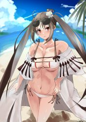 Rule 34 | 1girl, bare shoulders, beach, bikini, blue sky, blush, breasts, brown eyes, brown hair, cleavage, closed mouth, collarbone, day, earrings, eyewear on head, fate/grand order, fate (series), hair ornament, hand on own hip, highres, jewelry, kasumi saika, long hair, looking at viewer, medium breasts, multiple earrings, navel, open clothes, palm tree, robe, shore, sky, sunglasses, swimsuit, thighs, tree, twintails, very long hair, white bikini, yu mei-ren (fate), yu mei-ren (swimsuit lancer) (fate)
