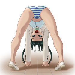Rule 34 | 1girl, ass, bent over, blush, bow, bowtie, francesca lucchini, green bow, green bowtie, green eyes, green hair, groin, jacket, looking at viewer, navel, ooba kou, open mouth, panties, simple background, smile, solo, strike witches, striped clothes, striped panties, tongue, twintails, underwear, white background, wooden floor, world witches series