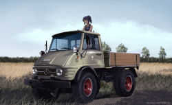 Rule 34 | 1girl, artist name, black hair, cloud, collarbone, dated, dead-robot, field, green eyes, hair ribbon, looking at viewer, mercedes-benz, motor vehicle, naked overalls, original, overall shorts, overalls, pickup truck, ponytail, ribbon, road, rural, scenery, skull and crossbones, sky, smile, tree, truck, unimog 406