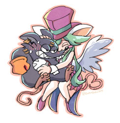 Rule 34 | 1boy, 1girl, animal ears, blush stickers, breasts, ear tag, fangs, green hair, hat, highres, leotard, mad rat, mad rat dead, mouse (animal), mouse ears, mouse girl, mouse tail, nippon ichi, rat god, stitches, tail, top hat, wings, wrist cuffs