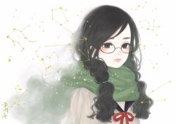 Rule 34 | 1girl, aries (constellation), black eyes, black hair, braid, closed mouth, commentary request, constellation, gemini (constellation), glasses, green scarf, highres, long hair, looking at viewer, low-tied long hair, neck ribbon, original, red ribbon, ribbon, sailor collar, scarf, shirt, signature, solo, star (symbol), taurus (constellation), twin braids, upper body, ushiyama ame, white background, white shirt