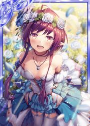 Rule 34 | 1girl, akkijin, armpits, bare shoulders, blue dress, blue flower, blue rose, breasts, card (medium), dress, elf, flower, garden, head wreath, jewelry, looking at viewer, looking up, medium breasts, necklace, official art, open mouth, pointy ears, red eyes, red hair, rose, rose bush, shinkai no valkyrie, short hair, thighhighs