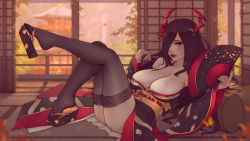 Rule 34 | 1girl, azur lane, bare shoulders, black hair, black kimono, black thighhighs, blurry, blurry background, breasts, brown eyes, building, cleavage, commentary, day, english commentary, eyeshadow, feather trim, flower, friedrich der grosse (azur lane), friedrich der grosse (dark raiments of gagaku) (azur lane), fur-trimmed kimono, fur trim, hair over one eye, hand fan, holding, holding fan, horns, japanese clothes, kimono, large breasts, lips, long hair, looking at viewer, low neckline, lying, makeup, mechanical horns, nail polish, off shoulder, on back, red flower, red horns, sandals, sliding doors, solo, soranamae, thighhighs
