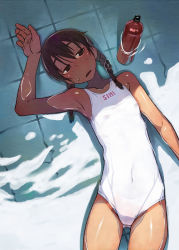 Rule 34 | 1girl, armpits, bottle, braid, brown eyes, brown hair, competition swimsuit, face, flat chest, long hair, lying, mashimi, one-piece swimsuit, original, shade, shimimaru, solo, submerged, swimsuit, twin braids, white one-piece swimsuit