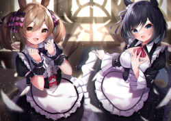 Rule 34 | 2girls, :d, amahara pekozaemon, animal ears, apron, black bow, black hair, blue eyes, blurry, blurry background, blush, bow, breasts, brown eyes, brown hair, buttons, center frills, commentary request, day, depth of field, eishin flash (umamusume), frills, hair between eyes, hair bow, highres, horse ears, horse girl, horse tail, indoors, large breasts, long hair, long sleeves, multiple girls, open mouth, pink bow, puffy short sleeves, puffy sleeves, short hair, short sleeves, smart falcon (umamusume), smile, sunlight, tail, twintails, umamusume, white apron, wrist cuffs