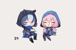 Rule 34 | 2girls, arknights, beanie, black headwear, black pantyhose, black shorts, blue eyes, blue hair, blue poison (arknights), blue thighhighs, blush, cake, chibi, closed eyes, closed mouth, collared shirt, commentary, food, full body, glaucus (arknights), hair between eyes, hat, hood, hood up, hooded jacket, invisible chair, jacket, light blue hair, long hair, long sleeves, low twintails, multicolored hair, multiple girls, open clothes, open jacket, open mouth, pantyhose, pink hair, ruri (dailybloopy), shirt, shorts, simple background, sitting, smile, thighhighs, twintails, white background