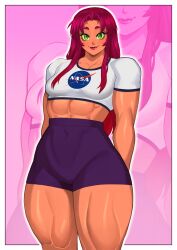Rule 34 | 1girl, absurdres, breasts, colored sclera, covered navel, curvy, dc comics, drakkaiart, female focus, green eyes, green sclera, highres, lipstick, long hair, looking at viewer, makeup, medium breasts, muscular, muscular female, red hair, solo, starfire, teen titans, thick thighs, thighs, wide hips