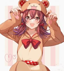 Rule 34 | + +, 1girl, :d, absurdres, animal costume, blush, bow, commentary request, crossed bangs, hair between eyes, hair bow, heart, highres, huge filesize, idolmaster, idolmaster shiny colors, komiya kaho, long sleeves, looking at viewer, open mouth, red bow, red eyes, red hair, satoimo chika, short hair, sleeves past wrists, smile, solo