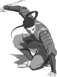 Rule 34 | 1boy, absurdres, arm up, armor, closed mouth, commentary request, dou, dungeon meshi, floating hair, full body, greyscale, highres, holding, holding sword, holding weapon, japanese armor, korean commentary, long hair, looking to the side, male focus, monochrome, on one knee, pants, ponytail, raichu (shenzed4092), sandals, shoulder armor, shurou, simple background, sode, solo, sword, vambraces, weapon, white background