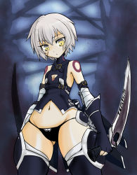 Rule 34 | 1girl, artist request, back, bandaged arm, fate/grand order, fate (series), jack the ripper (fate/apocrypha), knife, looking at viewer, navel, scar, short hair, thighhighs, thighs, weapon, white hair, wide hips