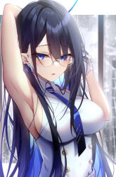 Rule 34 | 1girl, absurdres, arm behind back, armpits, black hair, blue archive, blue eyes, blue hair, blue halo, blue necktie, breasts, colored inner hair, cross, cross earrings, earrings, glasses, gloves, halo, highres, jewelry, large breasts, long hair, looking at viewer, multicolored hair, necktie, rin (blue archive), shirt, sleeveless, sleeveless shirt, solo, tsukasa tsubasa, two-tone hair, upper body, white gloves, white shirt