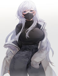 Rule 34 | 1girl, azur lane, belfast (azur lane), blue eyes, braid, breasts, contemporary, highres, jacket, large breasts, long hair, looking at viewer, mask, mouth mask, off shoulder, open clothes, open jacket, pants, simple background, solo, surgical mask, turtleneck, white background, white hair, yuki (asayuki101)