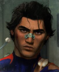 Rule 34 | 1boy, absurdres, bandages, bandaid, bandaid on face, bandaid on nose, bodysuit, brown hair, cheekbones, cotton ball, dark-skinned male, dark skin, hair slicked back, highres, holding cotton swab, looking at viewer, male focus, marvel, mature male, miguel o&#039;hara, portrait, realistic, red eyes, shuploc, signature, solo, spider-man: across the spider-verse, spider-man (series), spider-verse, torn bodysuit, torn clothes
