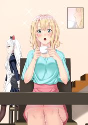 Rule 34 | 2girls, animal ears, apron, blonde hair, blue eyes, blush, breasts, cat ears, chair, commentary request, cup, dress, drinking glass, fake animal ears, frills, glass, hair between eyes, highres, holding, holding cup, holding drinking glass, indoors, long hair, long sleeves, maid, maid headdress, multiple girls, open mouth, original, red eyes, short hair, silver hair, sitting, smile, standing, surprised, table, thighhighs, waist apron, wine glass, zaregoto tsukai no deshi